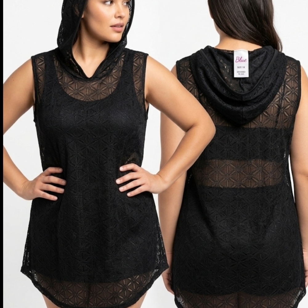 B.L.U. Black Lace Sleeveness Hooded Swim Cover-Up Tunic 1X NWOT